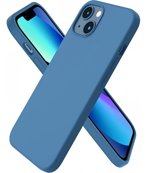 Husa iPhone 14 Plus, Silicon Catifelat cu Interior Microfibra, Albastru Steel